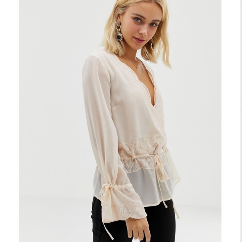 NWT - ASOS DESIGN Sheer Wrap long sleeve top with lace trims
